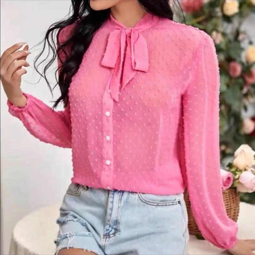 Pink Swiss Dots Tie Neck Blouse - Picture 2 of 6